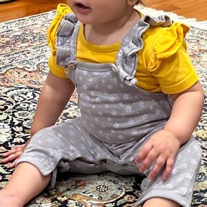 EUC Purple/Gray Floral Print Organic Cotton Overalls w Ruffled Straps (9-12 mos)